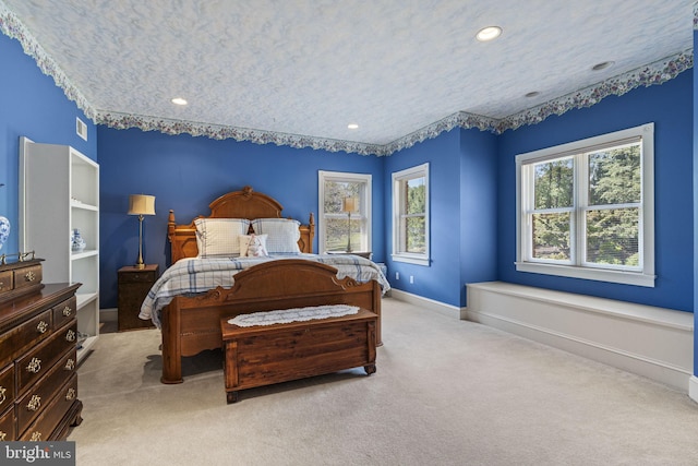 carpeted bedroom with a textured ceiling