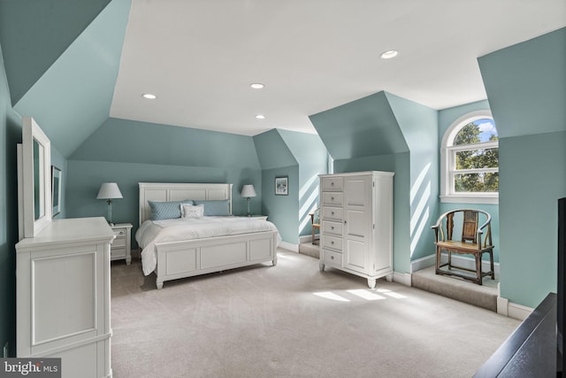 bedroom featuring recessed lighting, vaulted ceiling, light carpet, and baseboards