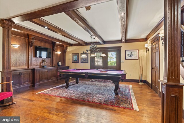 playroom featuring hardwood / wood-style floors, beamed ceiling, billiards, and ornate columns