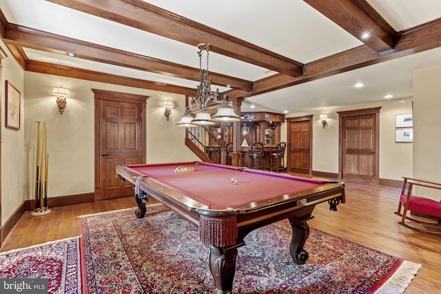 rec room with recessed lighting, light wood-style floors, pool table, and baseboards