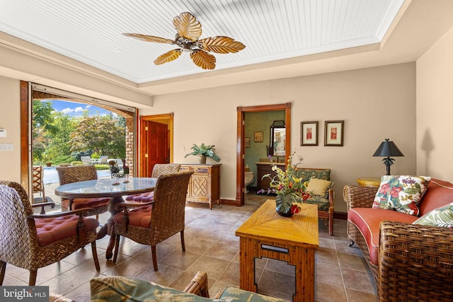 dining room with wood ceiling and ceiling fan