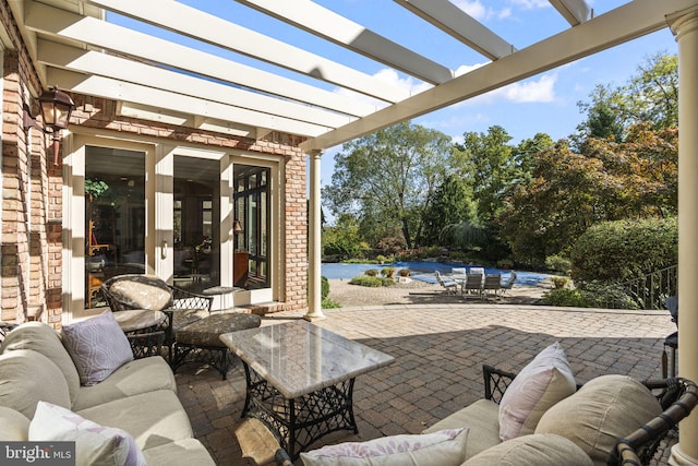 view of patio featuring an outdoor living space, french doors, a pool, and a pergola