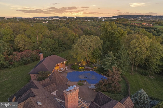 aerial view at dusk with a view of trees
