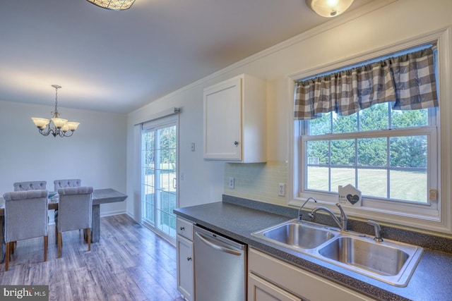 kitchen featuring backsplash, sink, hardwood / wood-style floors, stainless steel dishwasher, and white cabinetry