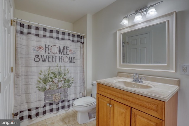 bathroom with vanity, toilet, tile patterned floors, and a shower with shower curtain