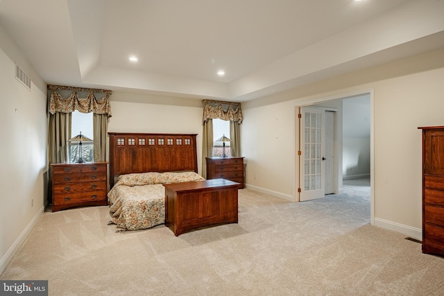 carpeted bedroom featuring a raised ceiling