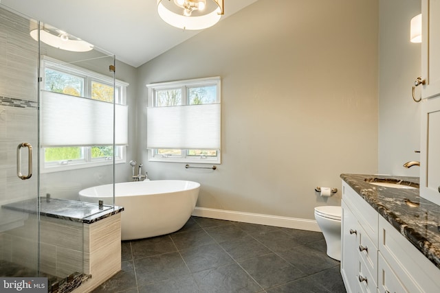 full bathroom featuring vanity, toilet, separate shower and tub, and lofted ceiling