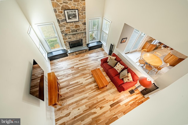 living room featuring a towering ceiling, hardwood / wood-style floors, and a fireplace