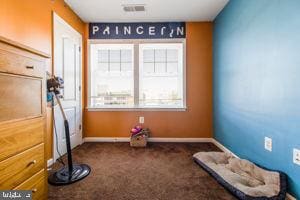 miscellaneous room featuring dark colored carpet