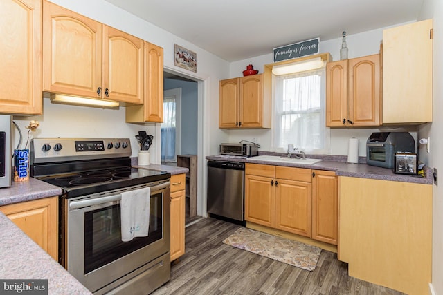 kitchen featuring sink, light brown cabinetry, appliances with stainless steel finishes, and dark hardwood / wood-style flooring