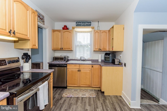 kitchen featuring light brown cabinetry, sink, appliances with stainless steel finishes, and dark hardwood / wood-style flooring