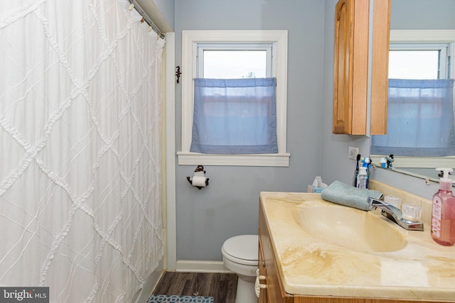 bathroom featuring vanity, toilet, wood-type flooring, and a wealth of natural light