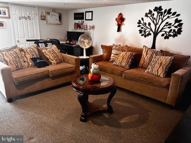 carpeted living room featuring a textured ceiling