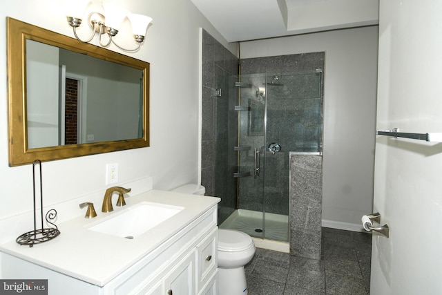 bathroom with toilet, an enclosed shower, vanity, and tile patterned floors