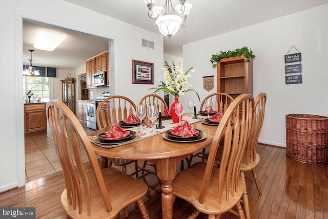 dining area with an inviting chandelier and light wood-type flooring