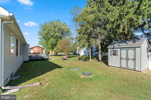 view of yard featuring a wooden deck and a shed