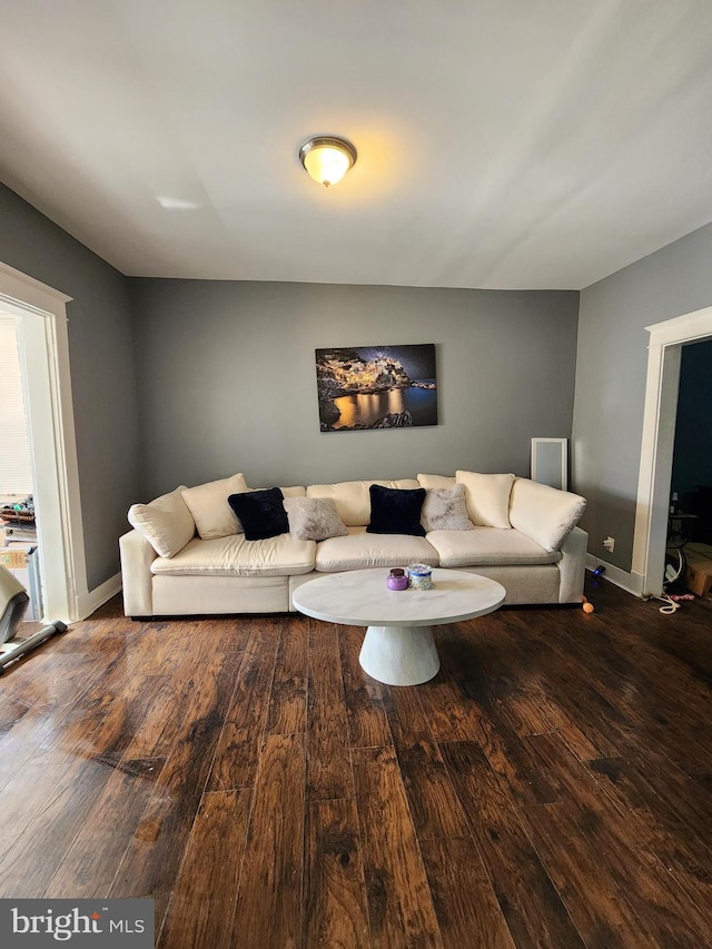 living room with dark hardwood / wood-style floors