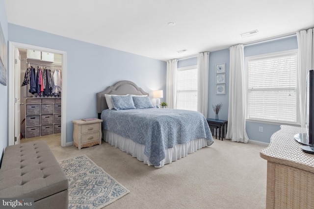 bedroom featuring a closet, light carpet, and multiple windows