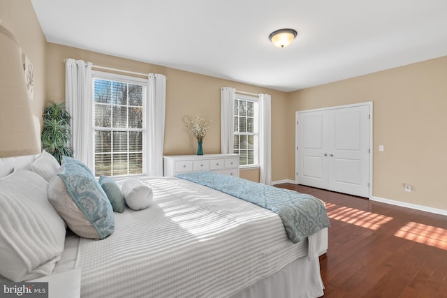 bedroom with dark hardwood / wood-style floors