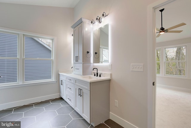 bathroom featuring tile patterned floors, vanity, and ceiling fan