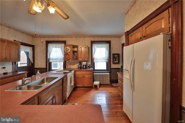 kitchen with radiator, white fridge with ice dispenser, hardwood / wood-style floors, sink, and ceiling fan