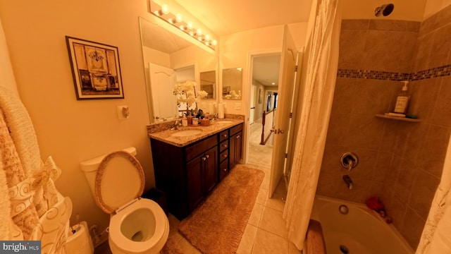 full bathroom with vanity, toilet, tile patterned floors, and shower / bathtub combination with curtain