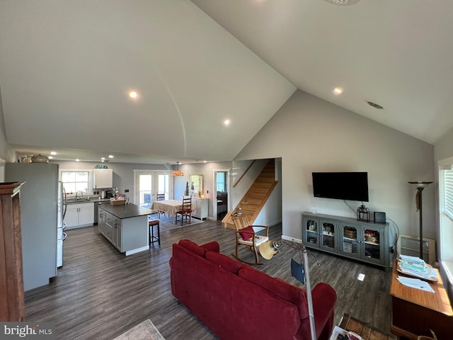 living room with sink, high vaulted ceiling, and dark hardwood / wood-style flooring