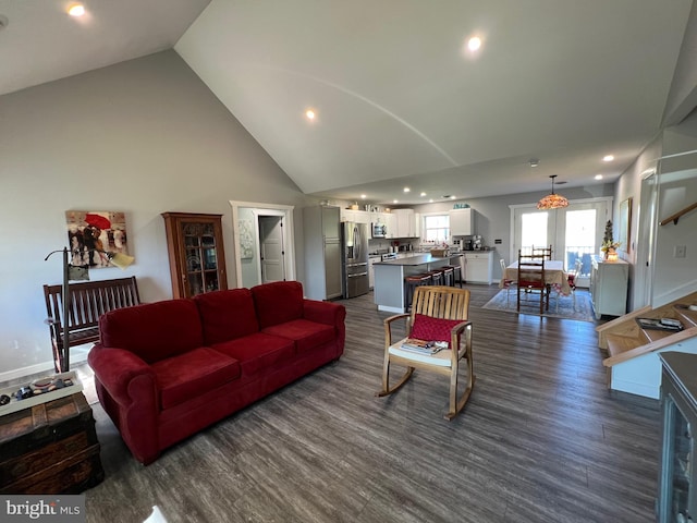 living room with dark hardwood / wood-style floors and high vaulted ceiling