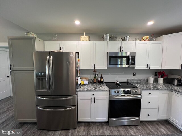 kitchen with white cabinetry, appliances with stainless steel finishes, and dark hardwood / wood-style flooring