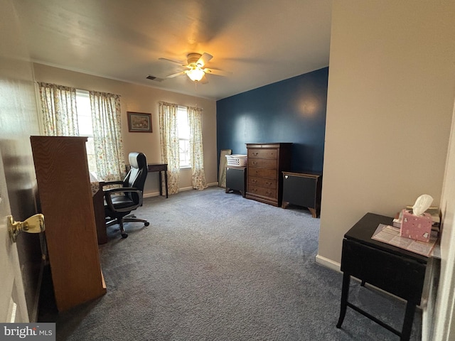 office area featuring carpet floors and ceiling fan