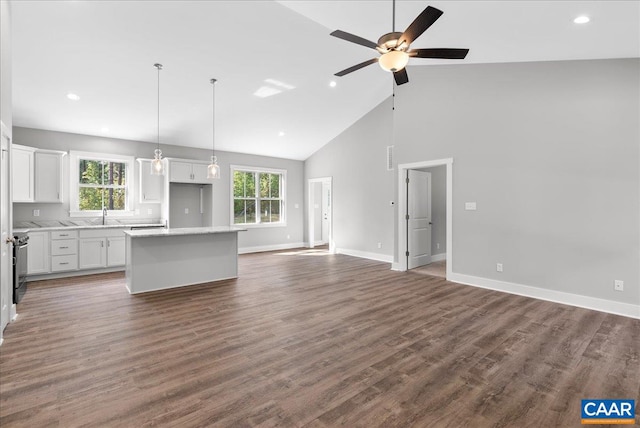 unfurnished living room featuring a wealth of natural light and dark hardwood / wood-style floors