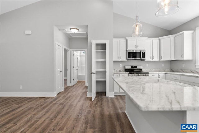 kitchen featuring white cabinets, hanging light fixtures, light stone counters, dark wood-type flooring, and stainless steel appliances