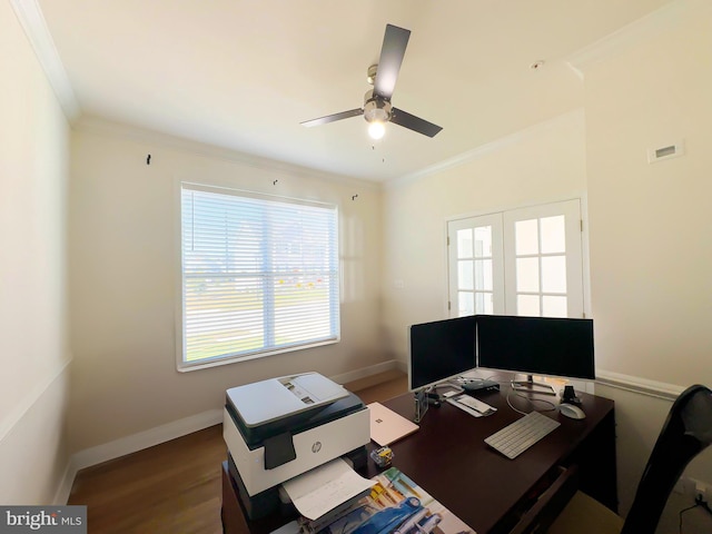 office area with ornamental molding, wood-type flooring, plenty of natural light, and ceiling fan