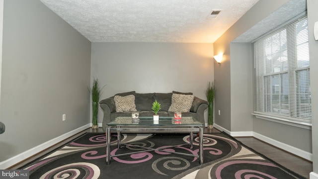 living area featuring dark wood-type flooring and a textured ceiling