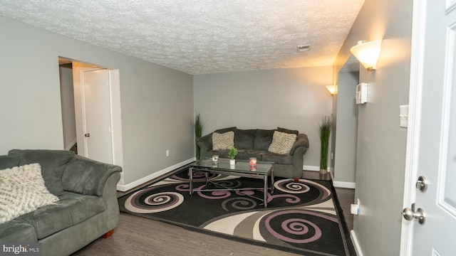 living room featuring wood-type flooring and a textured ceiling