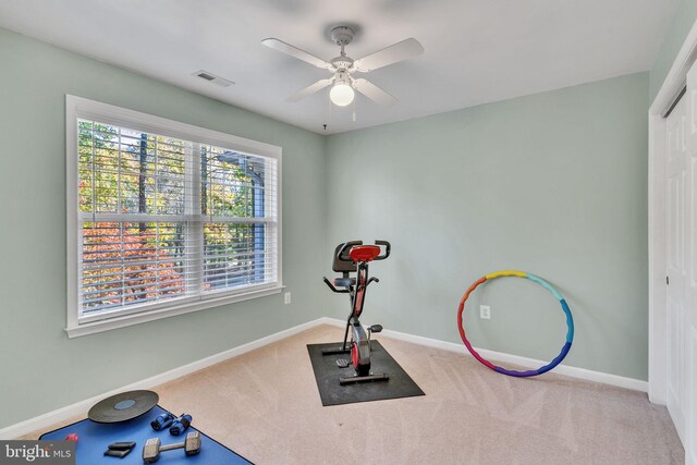 workout room featuring carpet floors, a healthy amount of sunlight, and ceiling fan