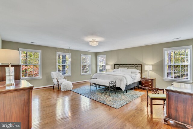 bedroom featuring multiple windows and light wood-type flooring