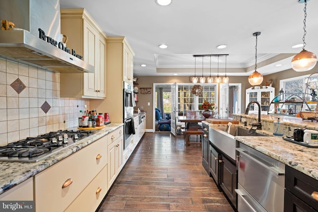 kitchen featuring appliances with stainless steel finishes, a tray ceiling, wall chimney range hood, pendant lighting, and dark hardwood / wood-style floors