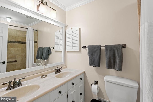 bathroom featuring a shower with shower curtain, vanity, toilet, and ornamental molding