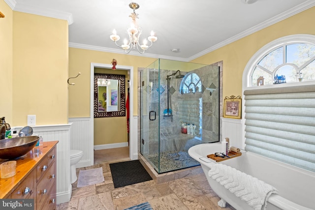 full bathroom featuring independent shower and bath, toilet, crown molding, and a notable chandelier