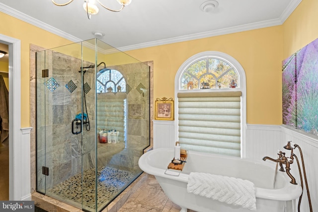 bathroom with crown molding, plus walk in shower, and an inviting chandelier