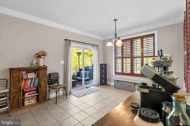 interior space with crown molding, an inviting chandelier, and light tile patterned floors