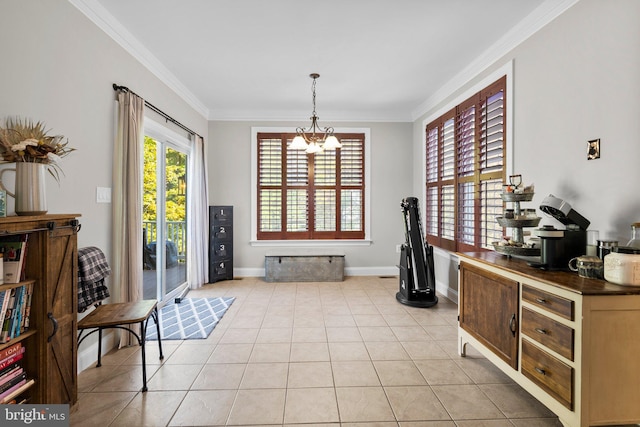 living area featuring crown molding, light tile patterned floors, and a chandelier