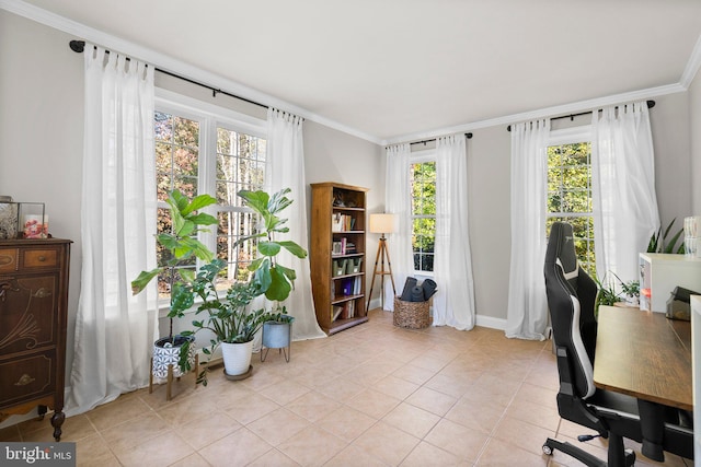 office space with crown molding, light tile patterned flooring, and plenty of natural light