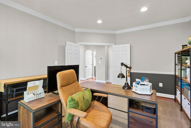 office area with hardwood / wood-style flooring and ornamental molding