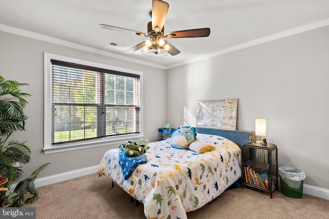 bedroom featuring ornamental molding, carpet, and ceiling fan