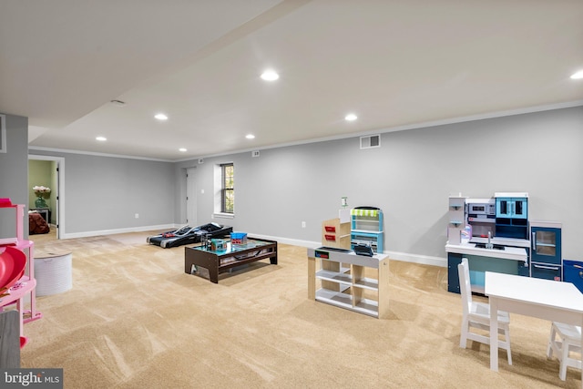 interior space with crown molding and light colored carpet