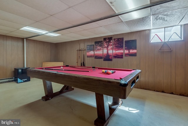 playroom featuring a paneled ceiling, billiards, and wood walls