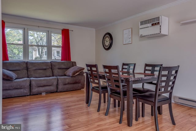 dining space featuring ornamental molding, a wall mounted air conditioner, light hardwood / wood-style floors, and a baseboard radiator