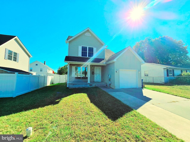 view of front of home featuring a porch, a front lawn, and a garage